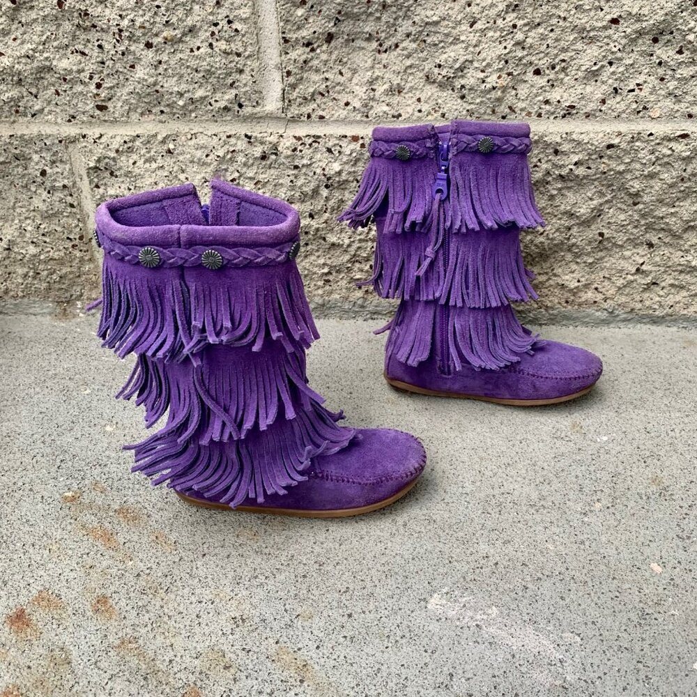 MINNETONKA Purple Fringe Boots Girls 12 Toddler Girl Boho Hippy Moccasin Boot - Picture 2 of 11